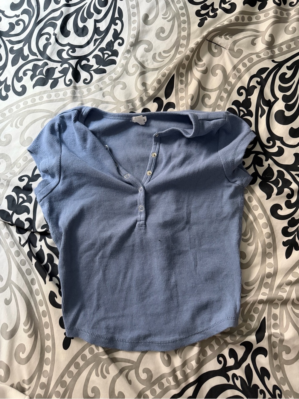 Garage Light Blue Ribbed Henley Crop Top